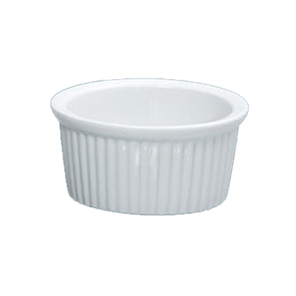 This Ramekin Dish is a professional grade porcelain container designed specifically for front and back of house foodservice applications. This round, fluted ramekin is ideal for precise portion control, garnishing, and presentation in commercial kitchens. Its durable porcelain construction ensures longevity while maintaining a high-quality aesthetic, suitable for busy restaurant, catering, and hospitality environments. 
