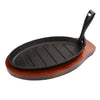 3-piece cast iron fajita platter set includes pre-seasoned platter, wooden underliner, and handle; perfect for sizzling food presentation; durable, heat-retaining, and safe for tabletop use.