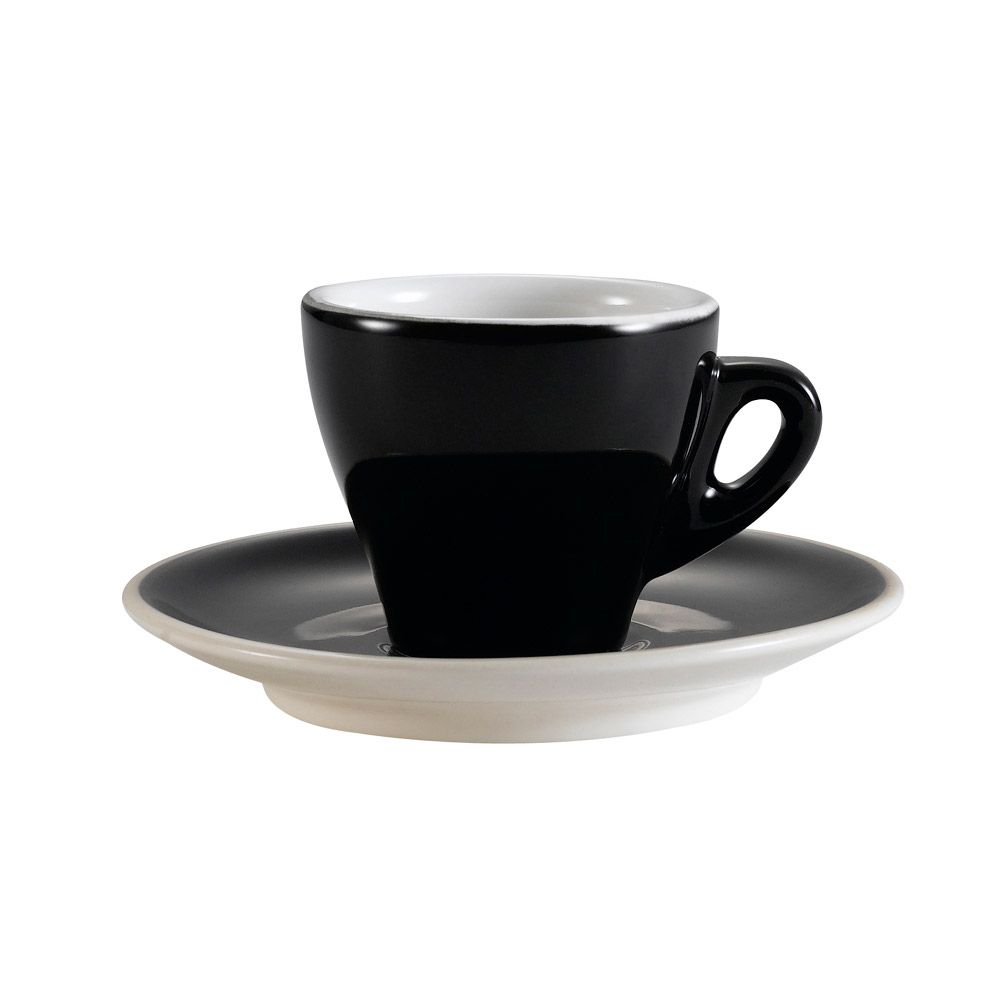 3.5oz Black Cup & Saucer Set with modern porcelain design, chip-resistant durability, ergonomic handle. Microwave, oven & dishwasher safe. Perfect for espresso, tea, cortado in cafés & homes.