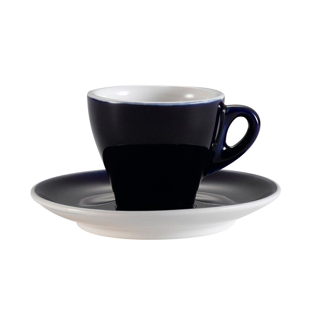 3.5oz Cobalt Blue Cup & Saucer Set with elegant deep blue glaze, chip-resistant porcelain, ergonomic handle. Microwave, oven & dishwasher safe. Ideal for espresso, tea, cortado in cafés & homes.