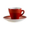 3.5oz Red Cup & Saucer Set with bold red glaze, durable chip-resistant porcelain, ergonomic handle. Microwave, oven & dishwasher safe. Perfect for espresso, cortado, and tea in cafés or at home.