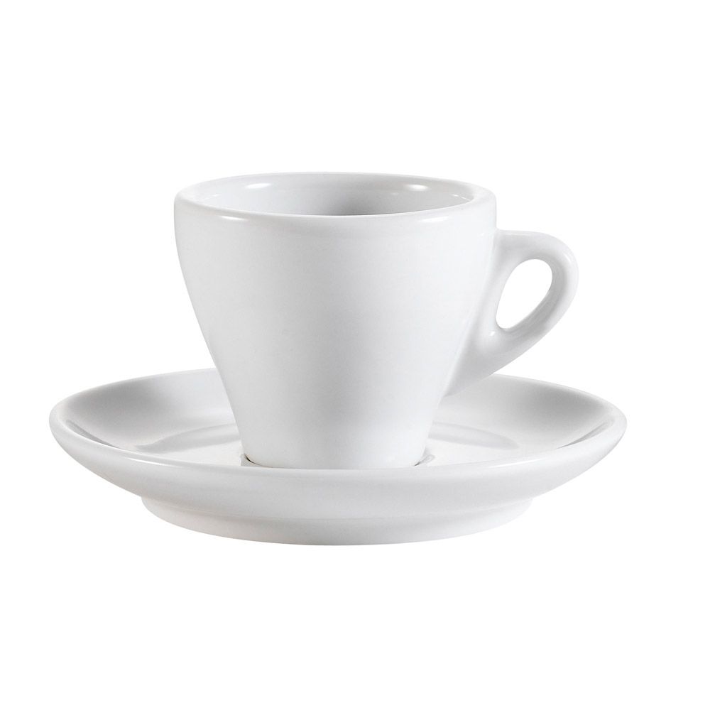 3.5oz White Cup & Saucer Set with glossy porcelain finish, ergonomic handle, and chip-resistant durability. Microwave, oven & dishwasher safe. Perfect for espresso, tea, cortado in cafés and homes.