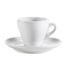 3.5oz White Cup & Saucer Set with glossy porcelain finish, ergonomic handle, and chip-resistant durability. Microwave, oven & dishwasher safe. Perfect for espresso, tea, cortado in cafés and homes.