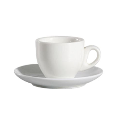 3.5oz porcelain A.D. cup, bone white espresso & demitasse cup. Durable, microwave, oven & dishwasher safe. Ideal for restaurants, cafés, catering, and home kitchens.