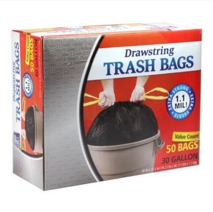 30-gallon drawstring trash bags, 50 bags per pack, heavy-duty puncture-resistant material, secure closure for leak-proof and odor-controlled waste disposal.