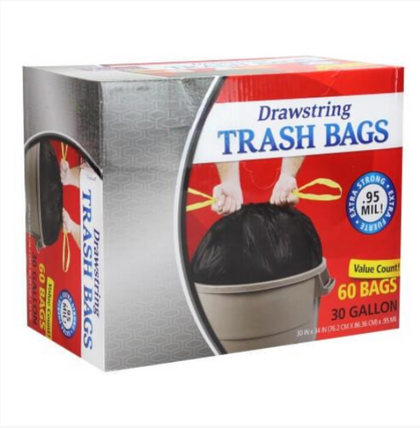 30-gallon drawstring trash bags, 60 bags per pack, heavy-duty puncture-resistant design with secure closure for mess-free waste disposal at home or commercial spaces.