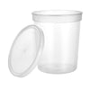 32oz Deli Container with Lid, large disposable food container for storing soups, stews, salads, and deli items. Clear plastic with leak-resistant snap-on lid for secure and fresh food storage.