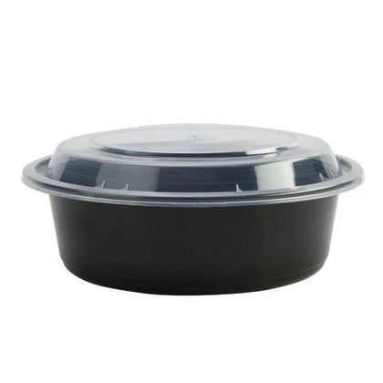 32oz, 7-inch deep round food container in black and white, ideal for salads, entrees, and pastas. Durable design with secure lid for spill-free storage and transport, suitable for hot or cold foods.