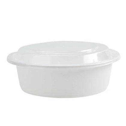 32oz, 7-inch deep round food container in black and white, ideal for salads, entrees, and pastas. Durable design with secure lid for spill-free storage and transport, suitable for hot or cold foods.