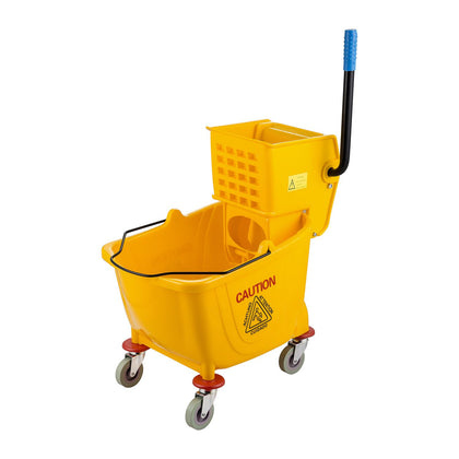 36QT yellow mop bucket set with durable construction and easy mobility; ideal for commercial and industrial janitorial use in offices, schools, restaurants, and high-traffic areas.