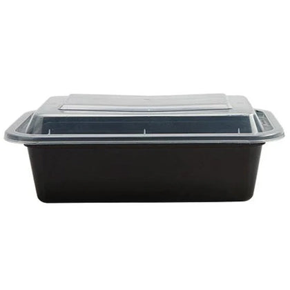 38oz deep rectangular container, 8x6 inches, in black and white, ideal for salads, sides, pastas, and entrees. Durable with secure, leak-resistant lid for fresh, spill-free storage and food transport.