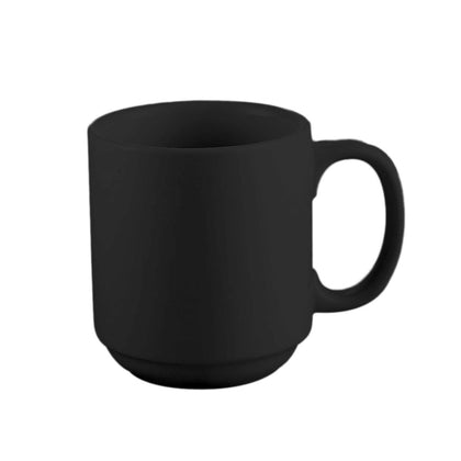 3 1/4-inch Prime straight stacking mug black, 12oz ceramic coffee mug, chip-resistant, microwave-safe, dishwasher-safe, sleek black design, perfect for coffee, tea, and hot beverages.