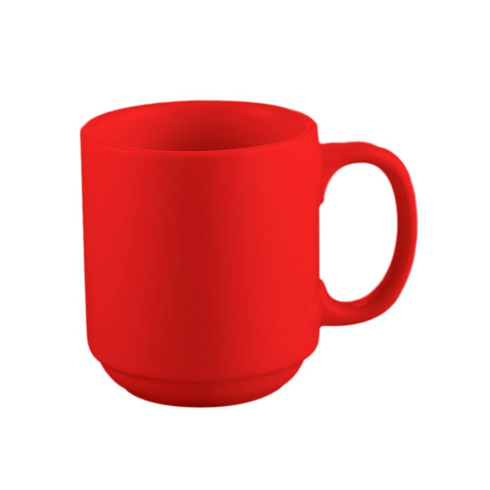 3 1/4-inch Prime straight stacking mug red, 12oz ceramic coffee mug, chip-resistant, microwave-safe, dishwasher-safe, vibrant red design, perfect for coffee, tea, and hot beverages.