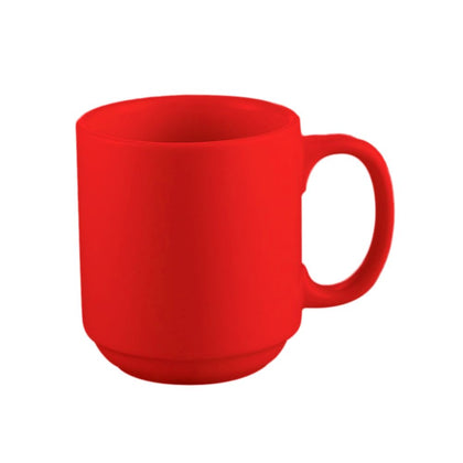 3 1/4-inch Prime straight stacking mug red, 12oz ceramic coffee mug, chip-resistant, microwave-safe, dishwasher-safe, vibrant red design, perfect for coffee, tea, and hot beverages.
