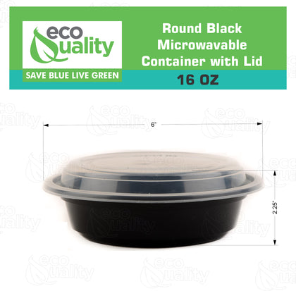 Black Disposable Plastic Round Microwavable Food Container With Lids (16oz, 24oz, 32oz)