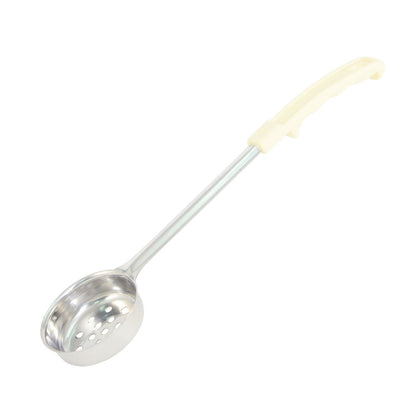 3oz stainless steel perforated portion spoon with ivory handle. Ideal for draining and serving in commercial kitchens. Durable and ergonomic. Packed 72 each per case.