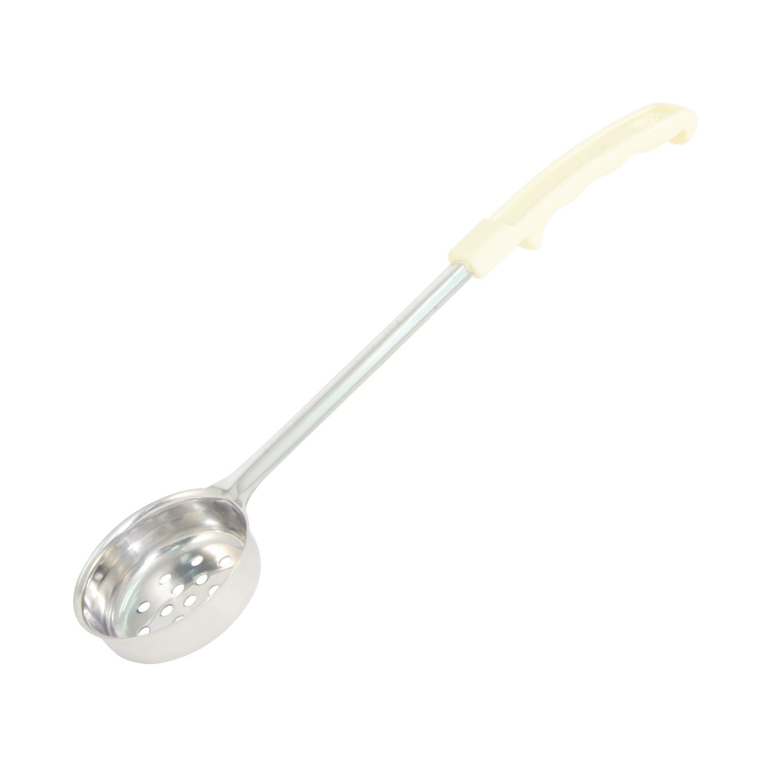3oz stainless steel solid portion spoon with ivory handle for accurate serving of liquids and sides. Durable and color-coded for commercial kitchens. Packed 72 each per case for efficiency.