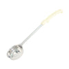 3oz stainless steel solid portion spoon with ivory handle for accurate serving of liquids and sides. Durable and color-coded for commercial kitchens. Packed 72 each per case for efficiency.