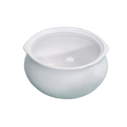 This Onion Soup Crock is a commercial-grade porcelain soup bowl designed for consistent serving of onion soup in professional foodservice environments.  This round soup crock offers durability and versatility, being microwave, oven, and dishwasher safe. Its durable construction supports frequent use in restaurant, catering, or institutional settings, providing a reliable vessel for presentation and service of specialty soups. Elevate your dining experience with this high quality and affordable dinnerware.
