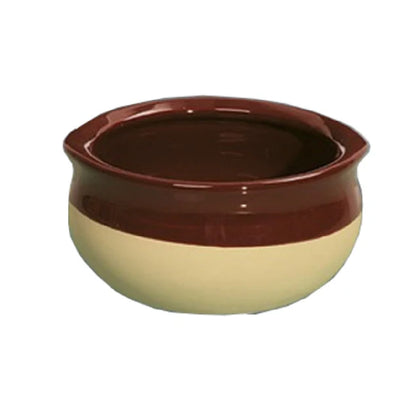 This Onion Soup Crock is a commercial-grade porcelain soup bowl designed for consistent serving of onion soup in professional foodservice environments.  This round soup crock offers durability and versatility, being microwave, oven, and dishwasher safe. Its durable construction supports frequent use in restaurant, catering, or institutional settings, providing a reliable vessel for presentation and service of specialty soups. Elevate your dining experience with this high quality and affordable dinnerware.