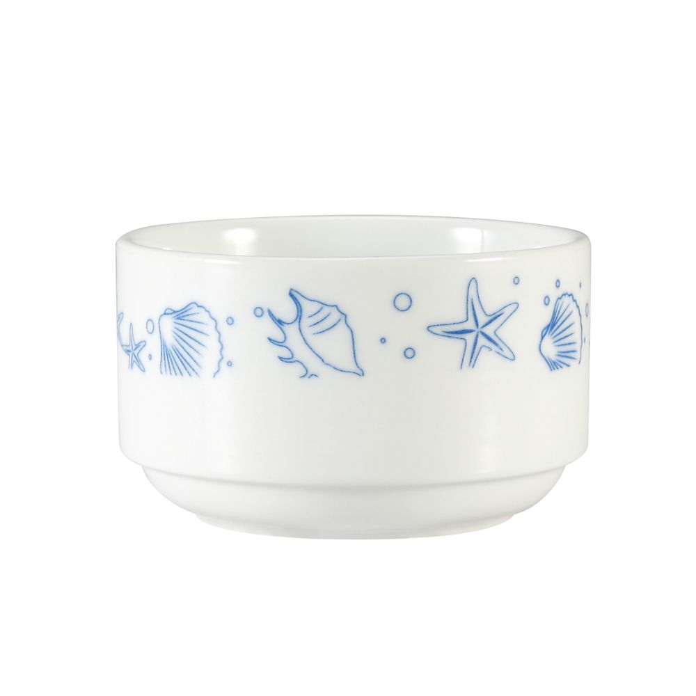 4-inch porcelain seashell stacking bouillon cup, 12oz capacity. Elegant, chip-resistant, microwave- and dishwasher-safe. Space-saving design, perfect for serving soups and broths at home or in restaurants.