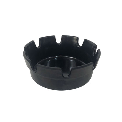 4-inch diameter black plastic ashtray, durable and lightweight with deep bowl design, ideal for smoking areas, patios, and commercial venues. Easy to clean and maintain, long-lasting performance.