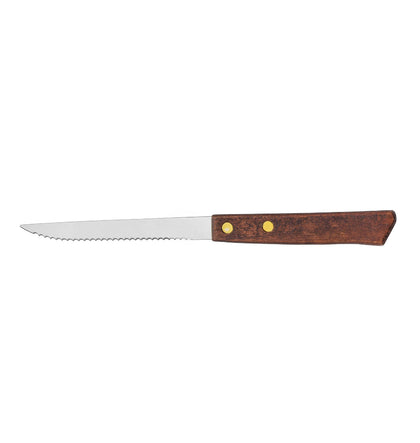 4-inch steak knife with sharp pointed tip, wood handle, and durable stainless steel blade; ideal for restaurants, steakhouses, and kitchens; bulk packed 48 dozen per case for high-volume use