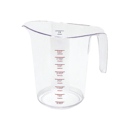 4-quart measuring cup with dual markings (400–4000mL), durable clear polycarbonate, ergonomic handle and drip-free spout; perfect for kitchens, catering, and restaurants; packed by 24 each per case