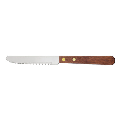 4.25-inch steak knife with round tip, wood handle, and durable stainless steel blade; ideal for restaurants, catering, or home use; packed 48 dozen per case for bulk foodservice supply