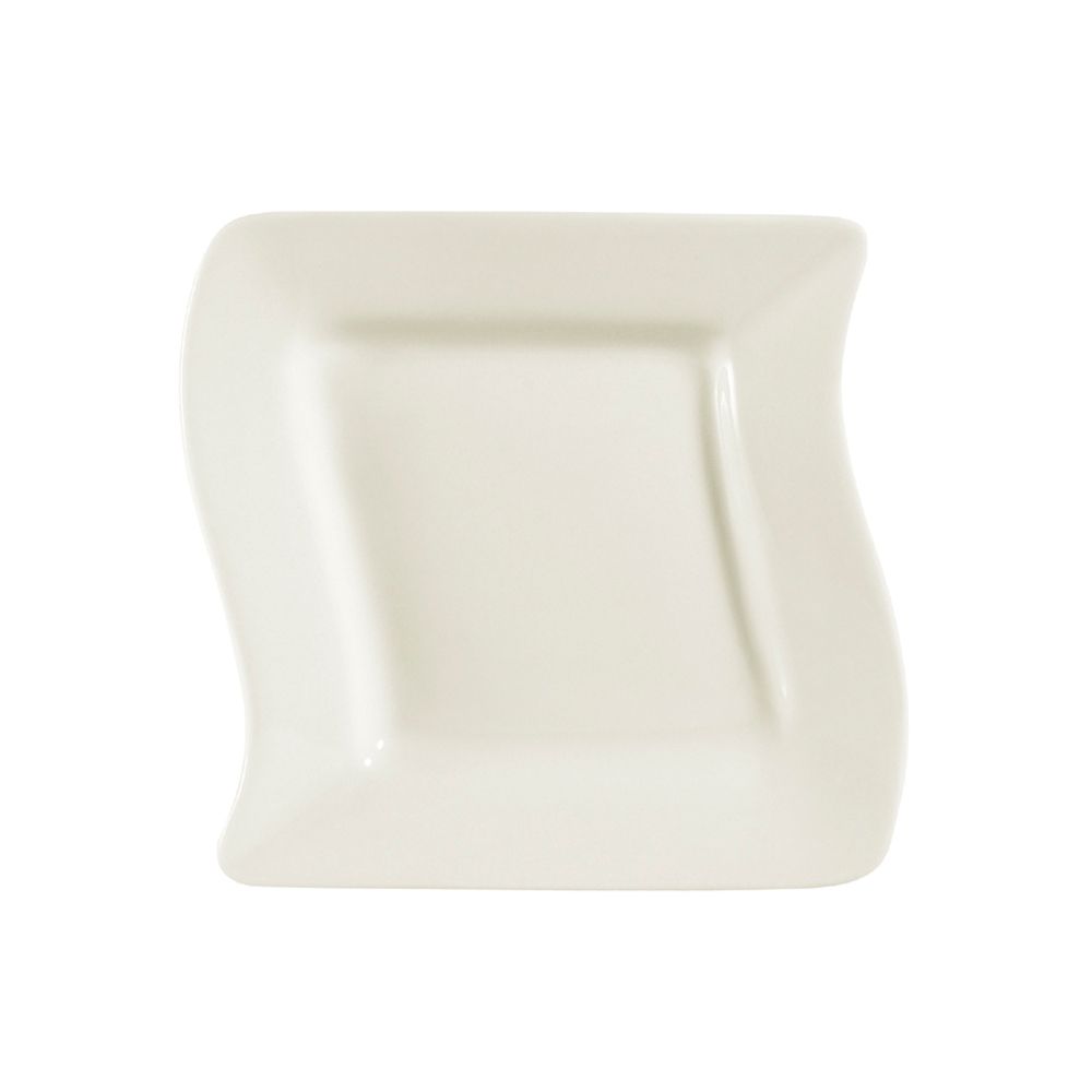 4.5-inch square saucer designed for cup with ear handle; break-resistant, microwave- and dishwasher-safe; ideal for modern coffee and tea service in cafés, restaurants, or home use.