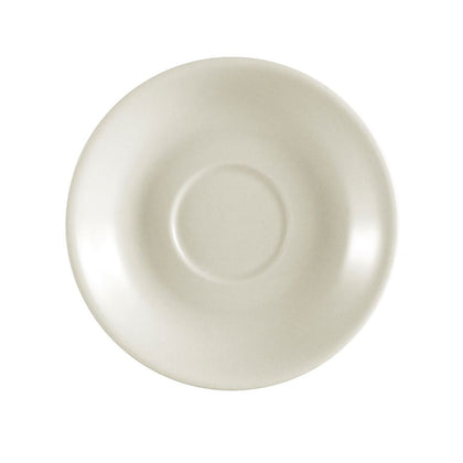4.5 inch saucer designed for cup A.D., featuring a secure center, durable build, chip resistance, microwave and dishwasher safe with a sleek, professional finish.