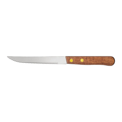 4.75-inch steak knife with pointed tip, wood handle, and durable stainless steel blade; perfect for restaurants, steakhouses, or caterers; packed 48 dozen per case for bulk use