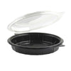 9-inch round hinged container 40 oz deep black base clear attached lid durable food-grade plastic secure closure leak-resistant versatile use take-out catering meal prep stylish presentation