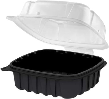 EcoQuality white foam clamshell take out boxes open and stacked
