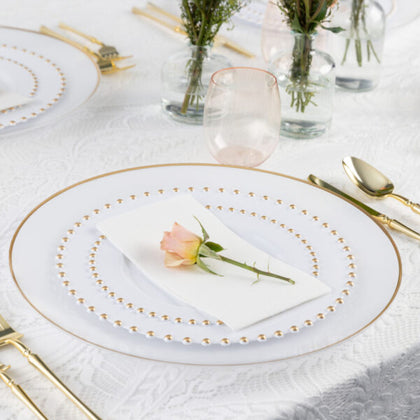 White Gold Beaded Rim Plate Combo disposable China Like party tableware dinner plate plastic round salad plate wedding baby shower catering supplies charger plates large reusable gold bulk birthday gathering dessert appetizer plates white gold design summer