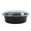 48oz, 9-inch deep round container in black and white, perfect for large portions of salads, pastas, or entrees. Durable design with secure lid for fresh and spill-free food storage and transportation.