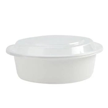 48oz, 9-inch deep round container in black and white, perfect for large portions of salads, pastas, or entrees. Durable design with secure lid for fresh and spill-free food storage and transportation.