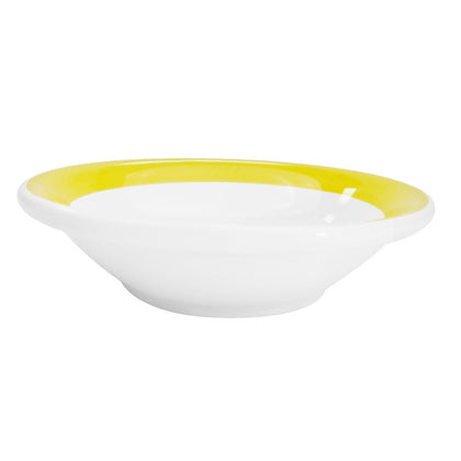 4 3/4-inch yellow fruit dish with a 4.75oz capacity, stylish and durable, perfect for individual servings of fruits, desserts, or small appetizers. Chip-resistant, microwave- and dishwasher-safe.