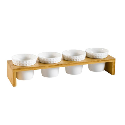 4 Round Bowls 5oz with Rectangular Bamboo Stand – Stylish and functional serving set for dips, sauces, and appetizers. Perfect for home, catering, and restaurants.