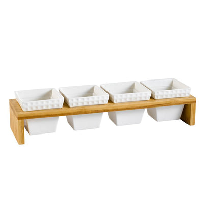 4 Square Bowls 7oz with Rectangular Bamboo Stand – Elegant serving set for dips, sauces, and appetizers. Stylish, food-safe, and perfect for home, catering, and restaurants.