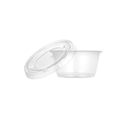 4oz Clear Portion Cups with Lids, durable disposable containers ideal for serving condiments, sauces, snacks, and dressings at events, parties, or food service. Leak-resistant and lightweight.