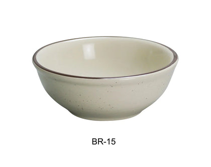 This Brown Speckled Nappie Bowl is a charming addition to any table setting, offering a unique alternative to pure American White dinnerware. This bowl is characterized by its classic brown bands along the narrow rims and subtle brown speckles throughout, providing a warm, rustic aesthetic. This dinnerware is perfectly sized for individual servings of soup, cereal side dishes, or desserts. Crafted from high-quality porcelain, this bowl is both durable and versatile, making it an excellent for restaurants.