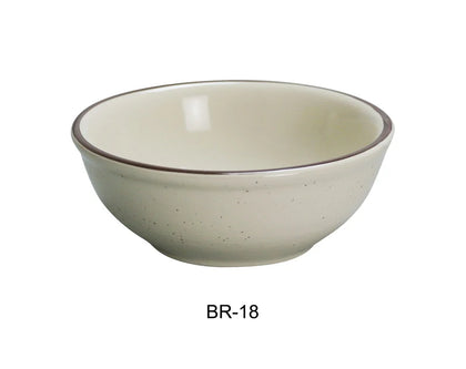 This Brown Speckled Nappie Bowl is a charming addition to any table setting, offering a unique alternative to pure American White dinnerware. This bowl is characterized by its classic brown bands along the narrow rims and subtle brown speckles throughout, providing a warm, rustic aesthetic. This dinnerware is perfectly sized for individual servings of soup, cereal side dishes, or desserts. Crafted from high-quality porcelain, this bowl is both durable and versatile, making it an excellent for restaurants.