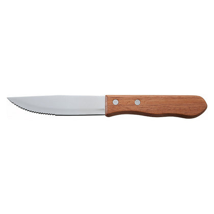 5-inch jumbo steak knife with pointed tip, heavy-duty stainless steel blade, and wood handle; ideal for BBQ, steak houses, and restaurants; packed by 12 dozen per case for bulk use
