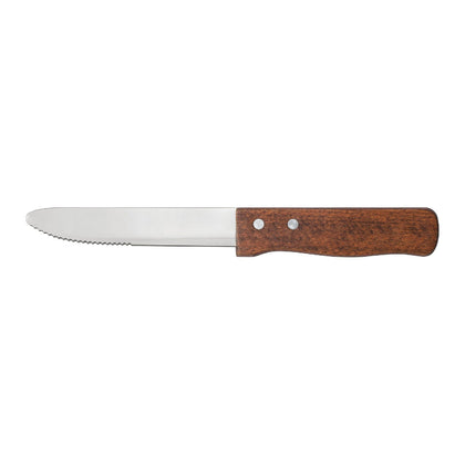 5-inch jumbo steak knife with round tip, thick stainless steel blade, and wood handle; ideal for restaurants, BBQs, or catering; packed 12 dozen per case for bulk foodservice use