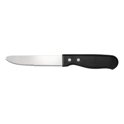 5-inch jumbo steak knife with serrated blade, round tip, and plastic handle, ideal for slicing meat in restaurants, packed 12 dozen per case for steakhouses, diners, and commercial foodservice use