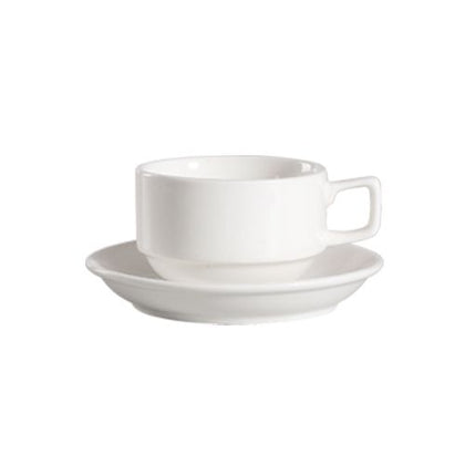 5.5” porcelain saucer, bone white dish for 8oz stacking coffee & tea cup. Durable, microwave, oven, and dishwasher safe. Ideal for restaurants, cafés, hotels, and home kitchens.