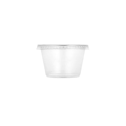 5.5oz Clear Portion Cups with Lids, durable disposable containers for serving condiments, dressings, snacks, or pre-portioned items at events, parties, or food service. Secure and leak-resistant.