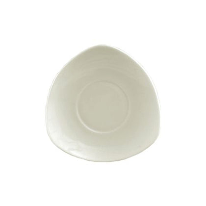 5-inch triangular saucer designed for cup with ear handle A.D.; break-resistant and microwave-safe; perfect for stylish coffee and tea service in cafés, restaurants, or at home with modern appeal.