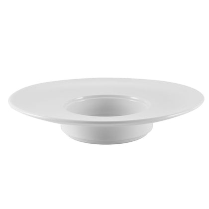 5oz 9” Wide Rim Pasta Bowl made of durable, chip-resistant porcelain. Perfect for pasta, salads, appetizers & gourmet dishes. Microwave & dishwasher-safe with a sleek white design for home or restaurant use.